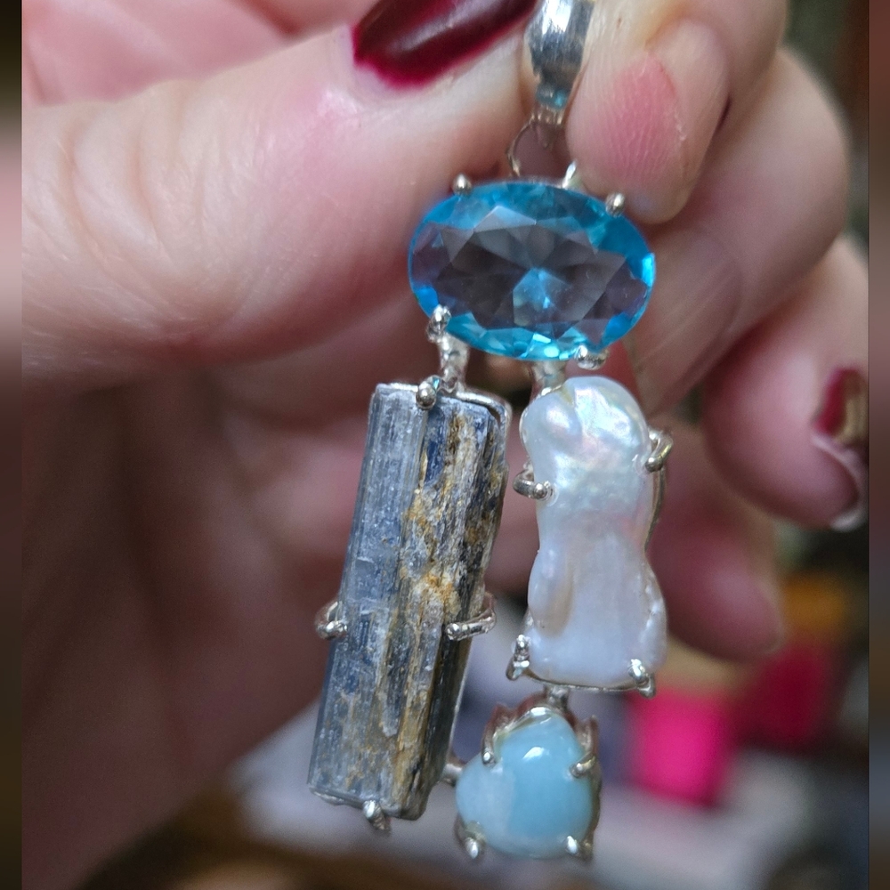 Blue topaz Kyanite Pearl & Larimar sterling silver pendant - Picture 6 of 8